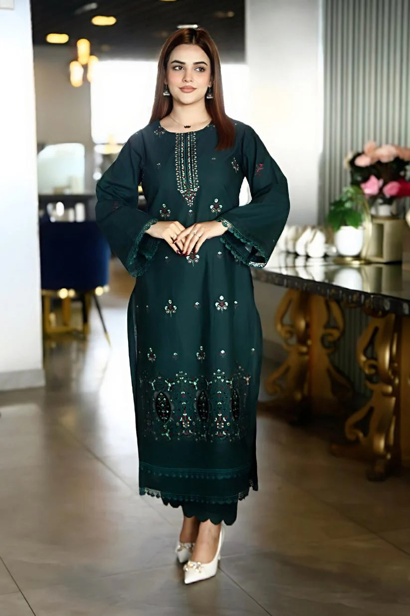 TANA BANA-3PC KHADDAR CUTWORK EMBROIDERED SHIRT WITH KASHMIRI JACQUARD WOOL SHAWL-TBF-GREEN