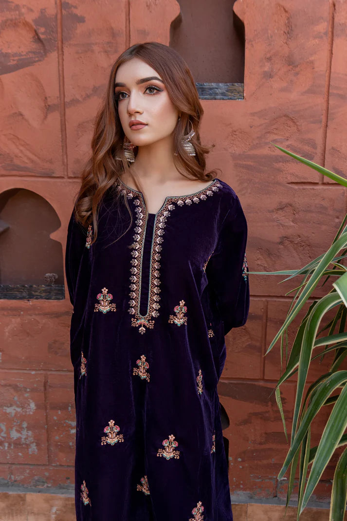 URGE - 2PC VELVET HEAVT EMBROIDERED SHIRT WITH VELEVT EMBROIDERED SLEEVES-TBF- 1906- MICROO 9000  VELVET