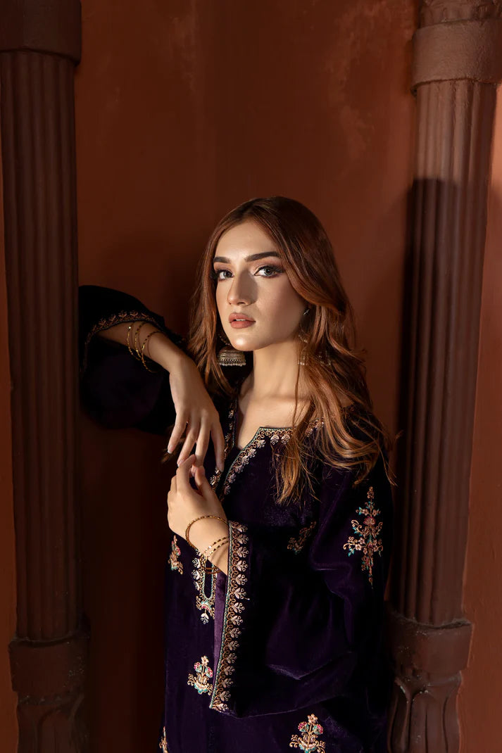 URGE - 2PC VELVET HEAVT EMBROIDERED SHIRT WITH VELEVT EMBROIDERED SLEEVES-TBF- 1906- MICROO 9000  VELVET