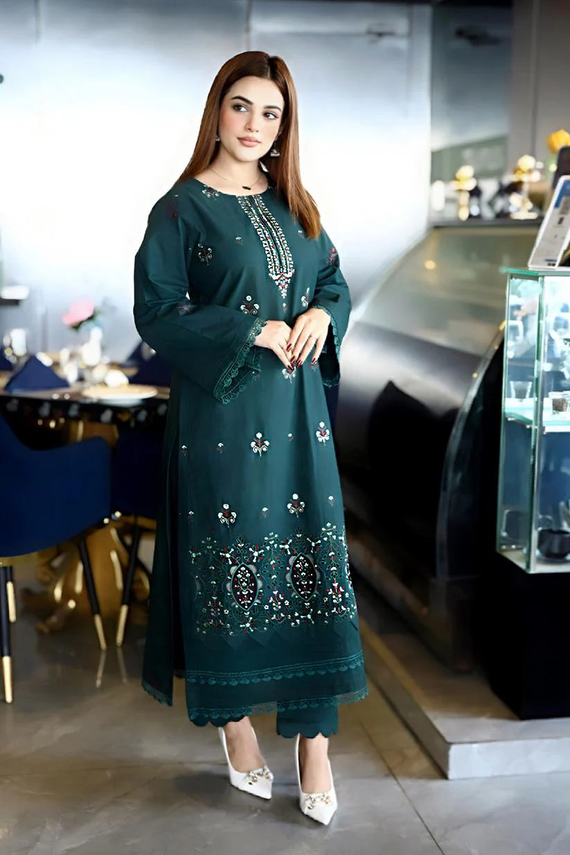 TANA BANA-3PC KHADDAR CUTWORK EMBROIDERED SHIRT WITH KASHMIRI JACQUARD WOOL SHAWL-TBF-GREEN