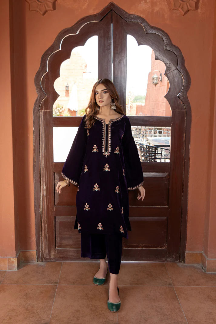 URGE - 2PC VELVET HEAVT EMBROIDERED SHIRT WITH VELEVT EMBROIDERED SLEEVES-TBF- 1906- MICROO 9000  VELVET