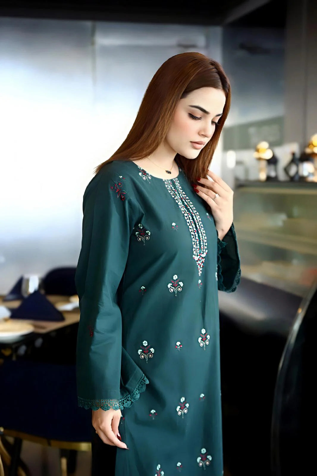 TANA BANA-3PC KHADDAR CUTWORK EMBROIDERED SHIRT WITH KASHMIRI JACQUARD WOOL SHAWL-TBF-GREEN