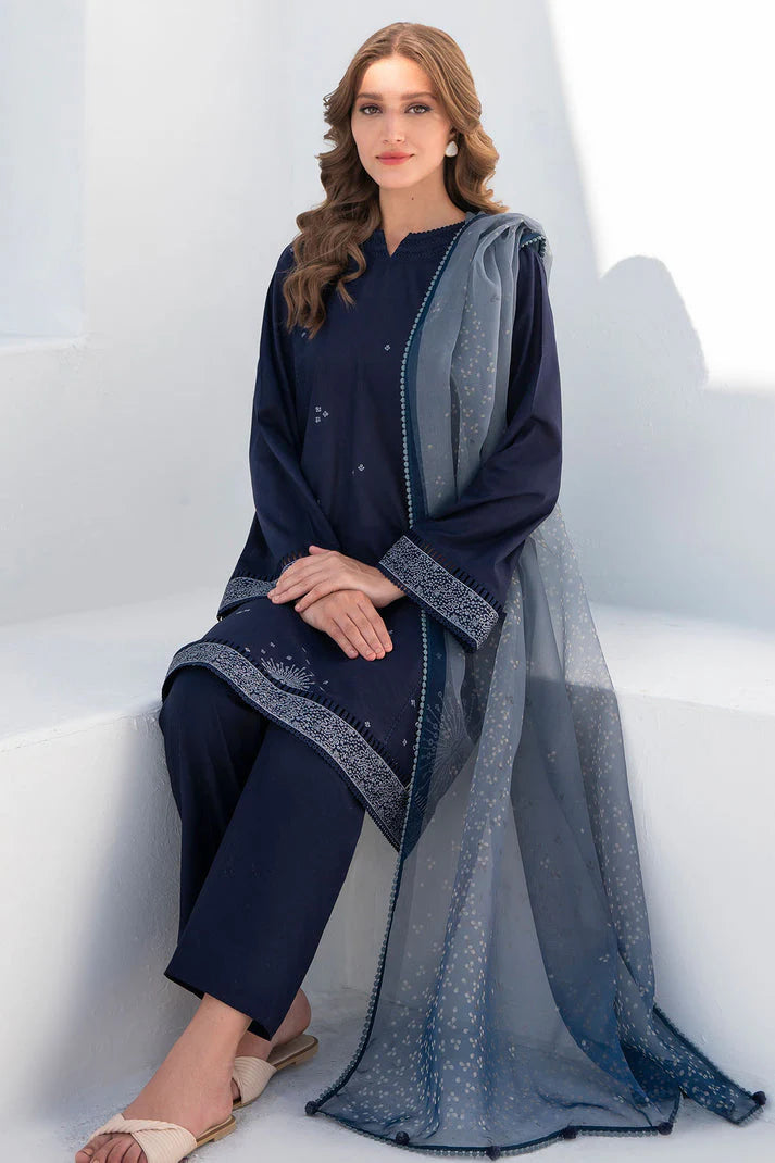 JAZMIN- 3PC DHANAK HEAVY EMBROIDERED SHIRT WITH ORGANZA PRINT DUPATTA-TANA-1535