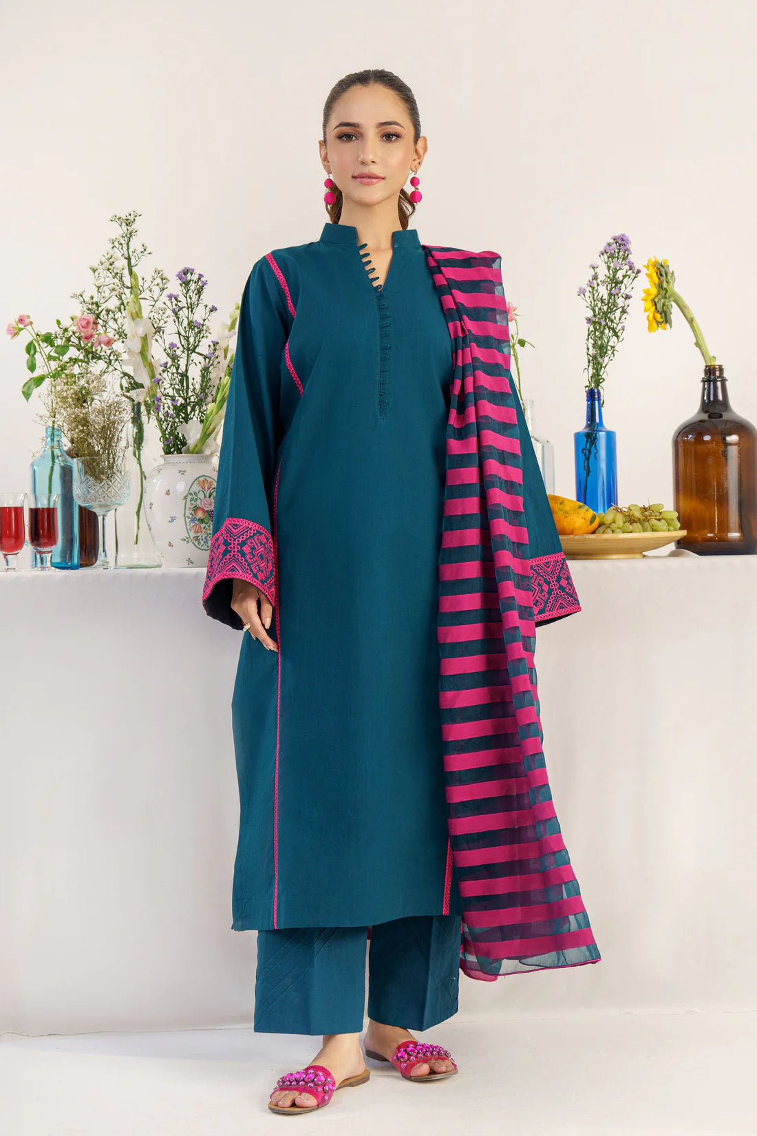 HANA- 3PC DHANAK EMBROIDERED SHIRT WITH WOOL PRINT SHAWL AND TROUSER-TANA-1557