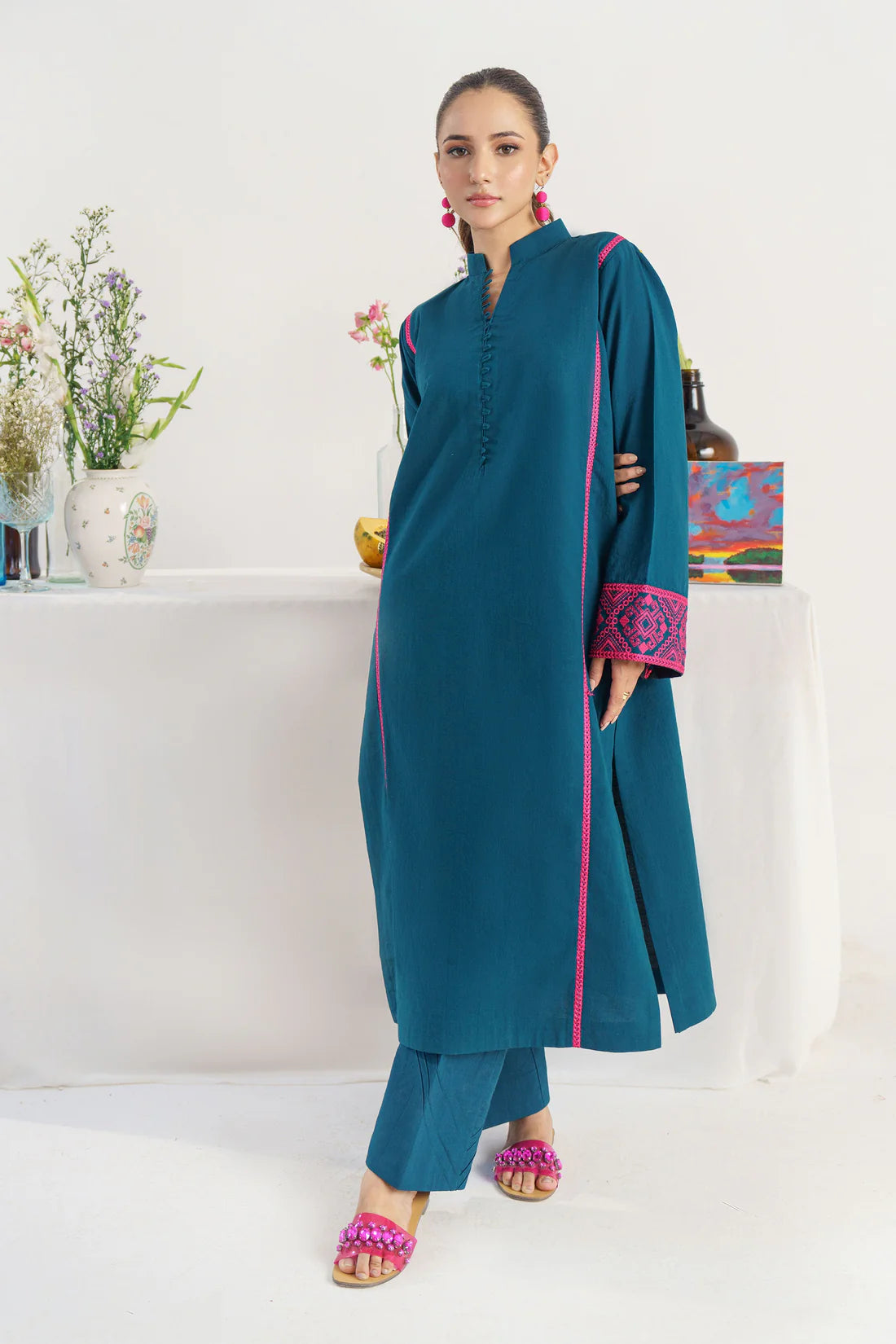 HANA- 3PC DHANAK EMBROIDERED SHIRT WITH WOOL PRINT SHAWL AND TROUSER-TANA-1557