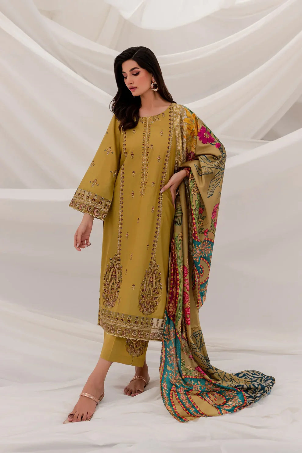 BATIK - 3PC DHANAK EMBROIDERED SHIRT WITH COUTURE WOOL SHAWL & TROUSER-TANA-2242