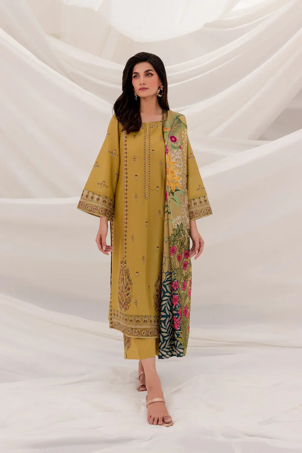 BATIK - 3PC DHANAK EMBROIDERED SHIRT WITH COUTURE WOOL SHAWL & TROUSER-TANA-2242