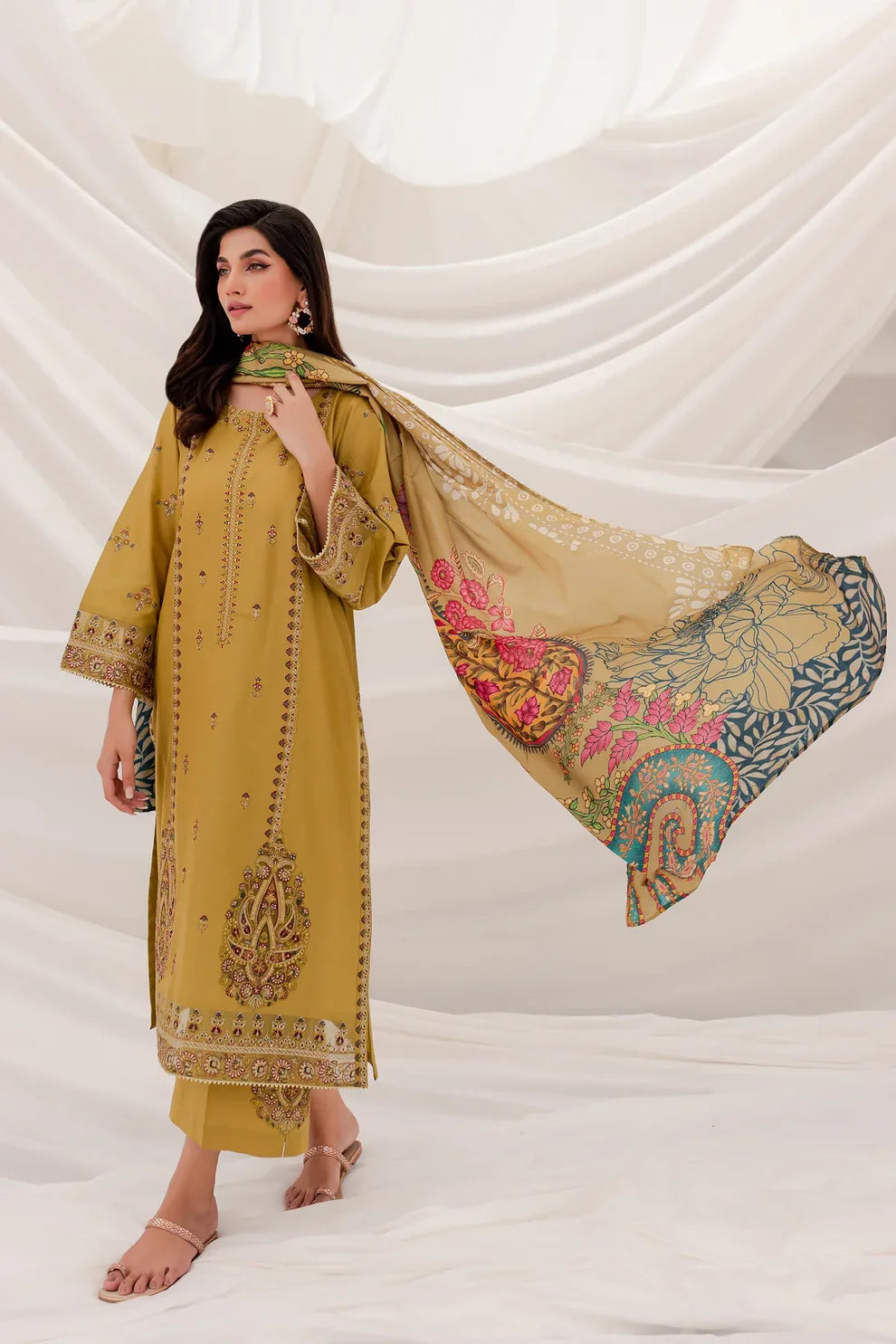 BATIK - 3PC DHANAK EMBROIDERED SHIRT WITH COUTURE WOOL SHAWL & TROUSER-TANA-2242