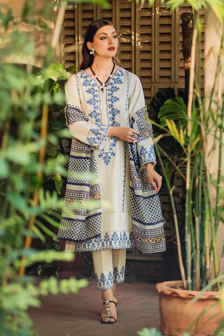 ZIVA - 3PC DHANAK EMBROIDERED SHIRT WITH WOOL PRINTED SHAWL & EMB TROUSER-1904