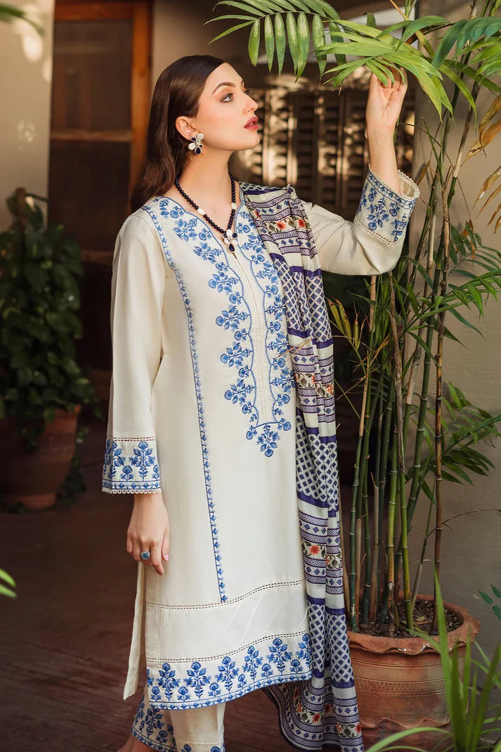 ZIVA - 3PC DHANAK EMBROIDERED SHIRT WITH WOOL PRINTED SHAWL & EMB TROUSER-1904