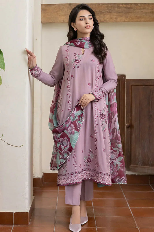 JAZMIN - 3PC DHANAK EMBROIDERED SHIRT WITH WOOL PRINTED SHAWL AND TROUSER -TANA-1736