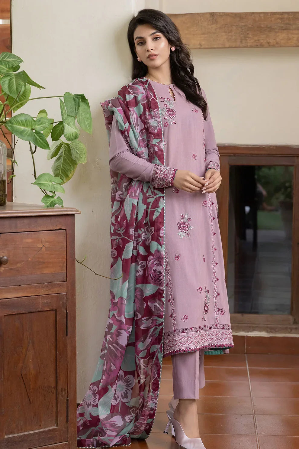 JAZMIN - 3PC DHANAK EMBROIDERED SHIRT WITH WOOL PRINTED SHAWL AND TROUSER -TANA-1736