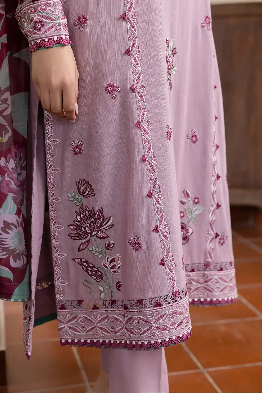 JAZMIN - 3PC DHANAK EMBROIDERED SHIRT WITH WOOL PRINTED SHAWL AND TROUSER -TANA-1736