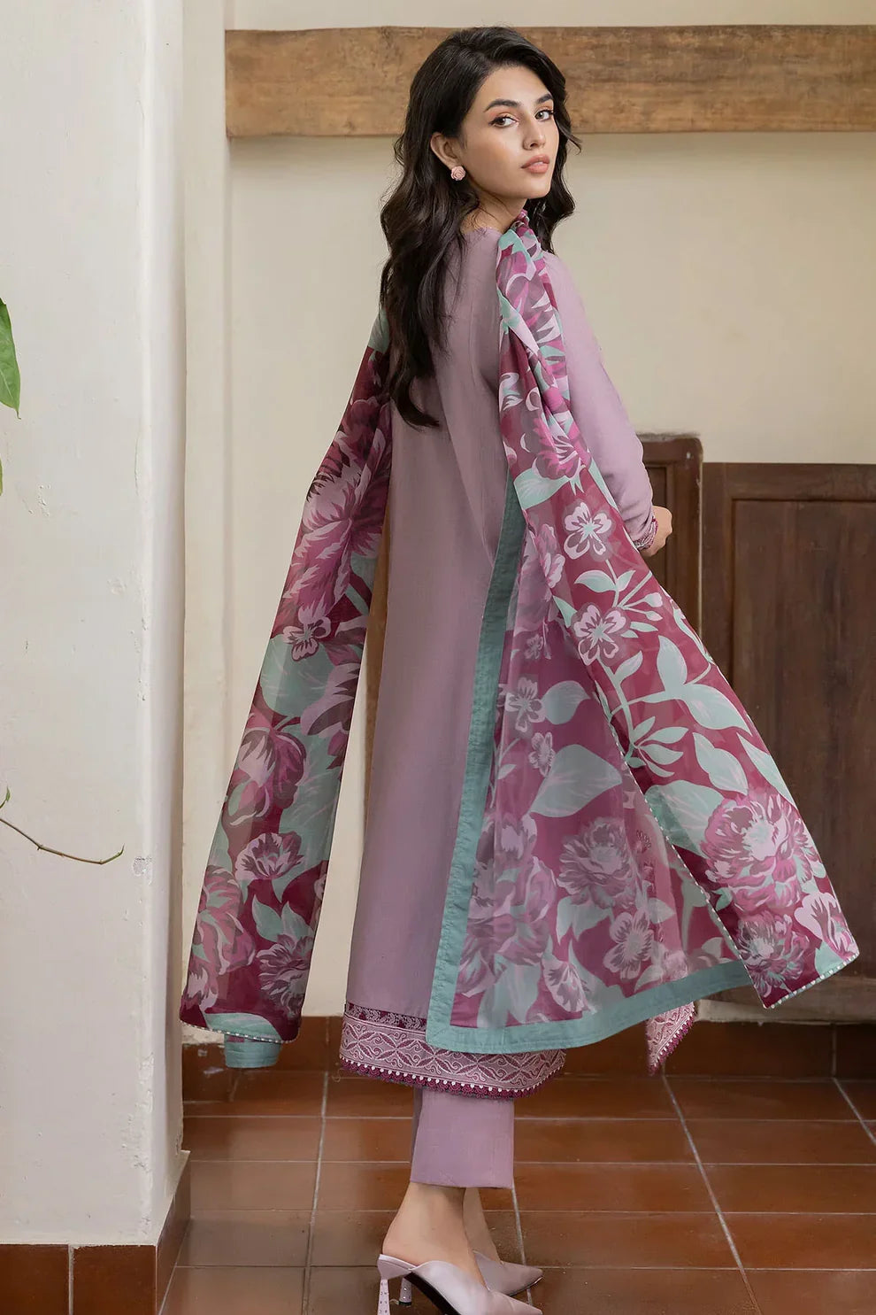 JAZMIN - 3PC DHANAK EMBROIDERED SHIRT WITH WOOL PRINTED SHAWL AND TROUSER -TANA-1736