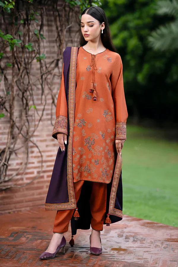 JAZMIN- 3PC DHANAK EMBROIDERED SHIRT WITH WOOL PRINT SHAWL AND TROUSER-TBF-