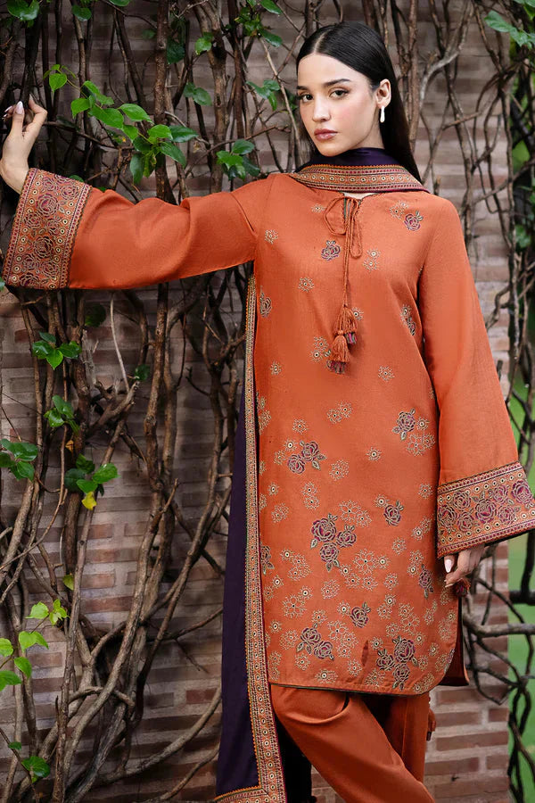 JAZMIN- 3PC DHANAK EMBROIDERED SHIRT WITH WOOL PRINT SHAWL AND TROUSER-TBF-