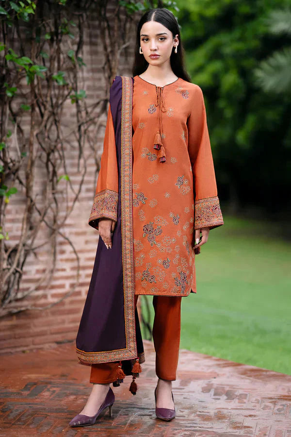 JAZMIN- 3PC DHANAK EMBROIDERED SHIRT WITH WOOL PRINT SHAWL AND TROUSER-TBF-