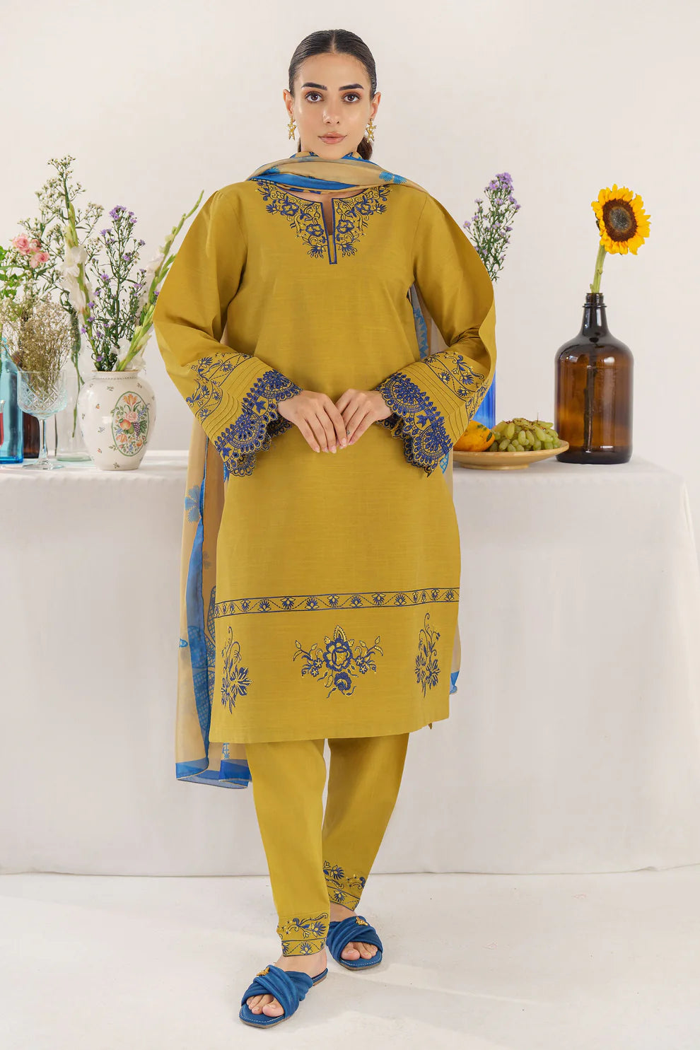 HANA- 3PC KHADAR EMBROIDERED SHIRT WITH COUTURE PRINT SHAWL AND TROUSER-TANA-1533