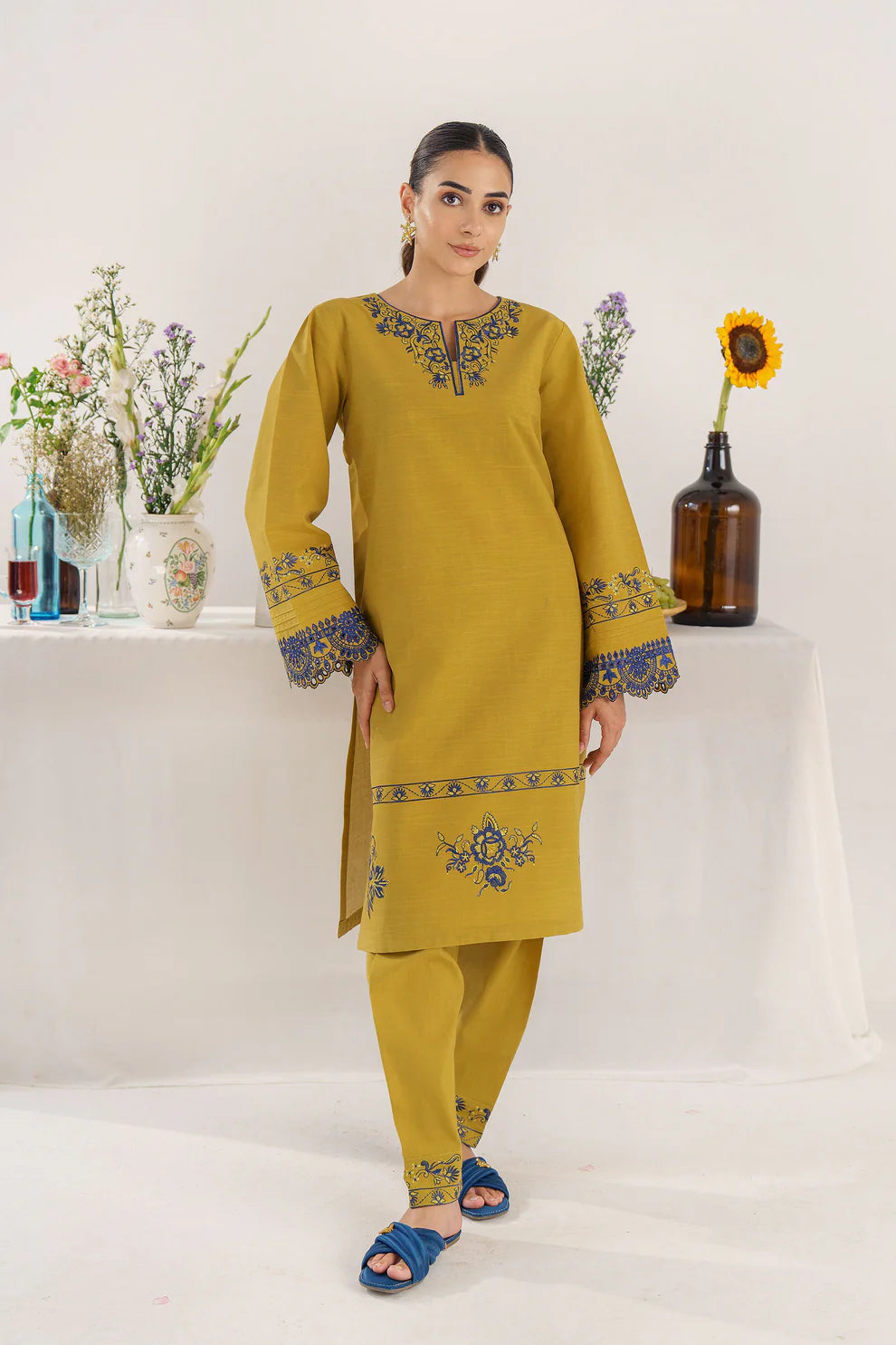 HANA- 3PC KHADAR EMBROIDERED SHIRT WITH COUTURE PRINT SHAWL AND TROUSER-TANA-1533