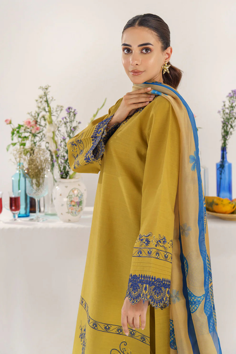 HANA- 3PC KHADAR EMBROIDERED SHIRT WITH COUTURE PRINT SHAWL AND TROUSER-TANA-1533