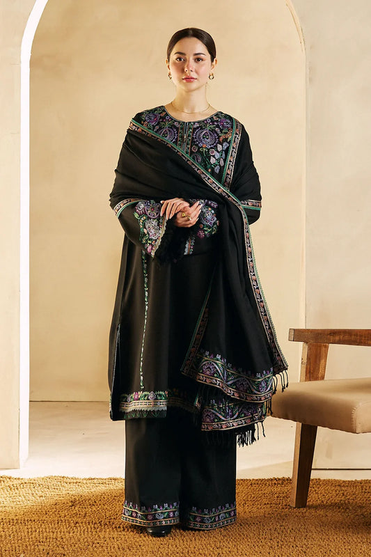 ZARA SHAH JAHAN- 3PC DHANAK EMBROIDERED SHIRT DHANAK EMBROIDERED SHAWL AND TROUSER-TANA-1540-BLACK