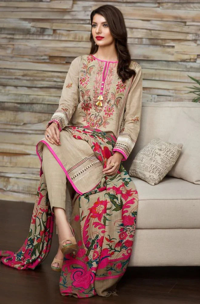 KHAADI-3PC KHADAR EMBROIDRED SHIRT WITH COUTURE PRINT SHAWL-TANA-1522