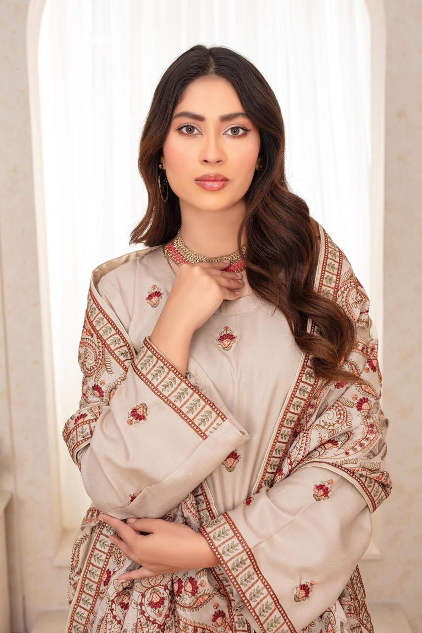 TANABANA-3PC DHANAK EMBROIDERED SHIRT WITH HEAVY CUTWORK EMBROIDERED DHANAK SHAWL AND TROUSER-TBF-1734