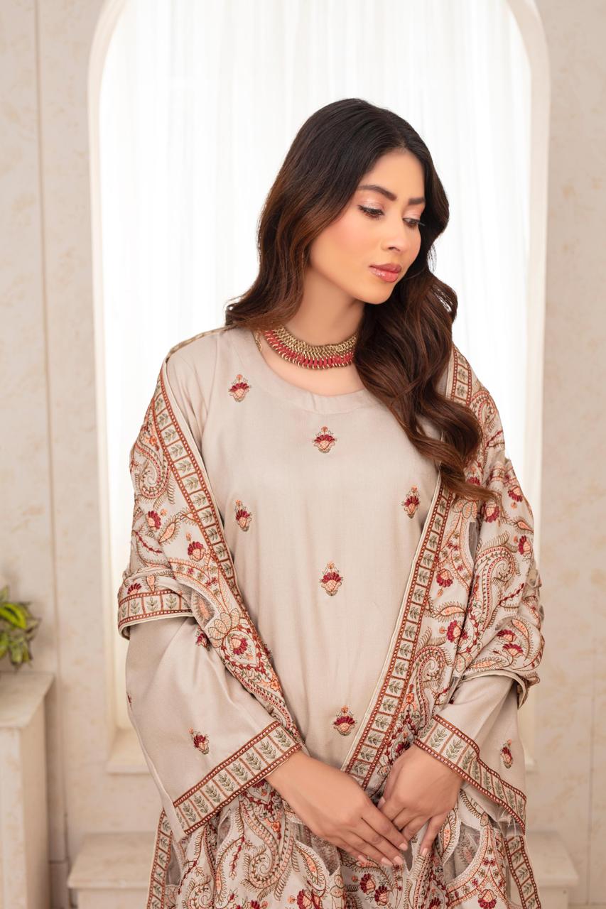 TANABANA-3PC DHANAK EMBROIDERED SHIRT WITH HEAVY CUTWORK EMBROIDERED DHANAK SHAWL AND TROUSER-TBF-1734