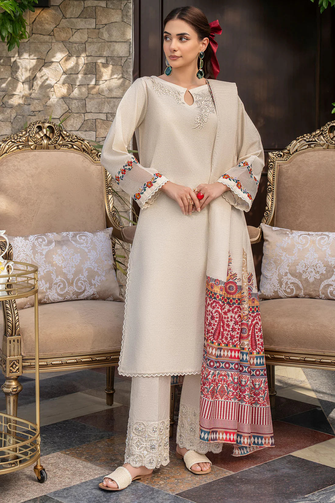 GHAZAL- 3PC DHANAK EMBROIDERED SHIRT WITH WOOL PRINT SHAWL AND TROUSER-TANA-1567