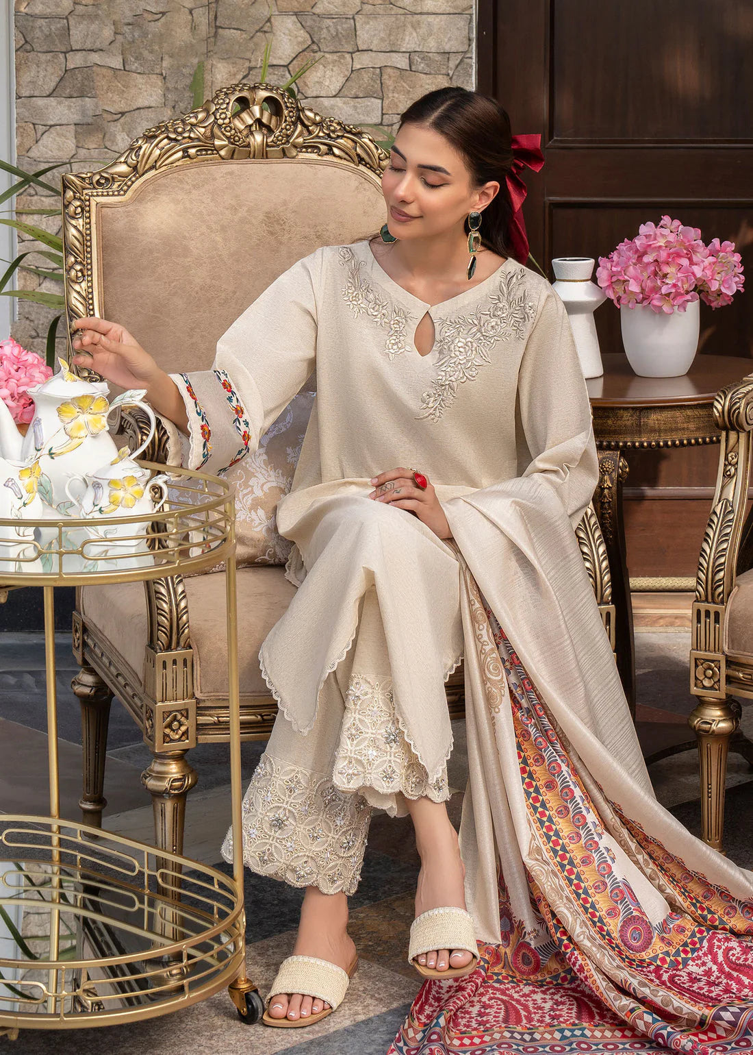 GHAZAL- 3PC DHANAK EMBROIDERED SHIRT WITH WOOL PRINT SHAWL AND TROUSER-TANA-1567