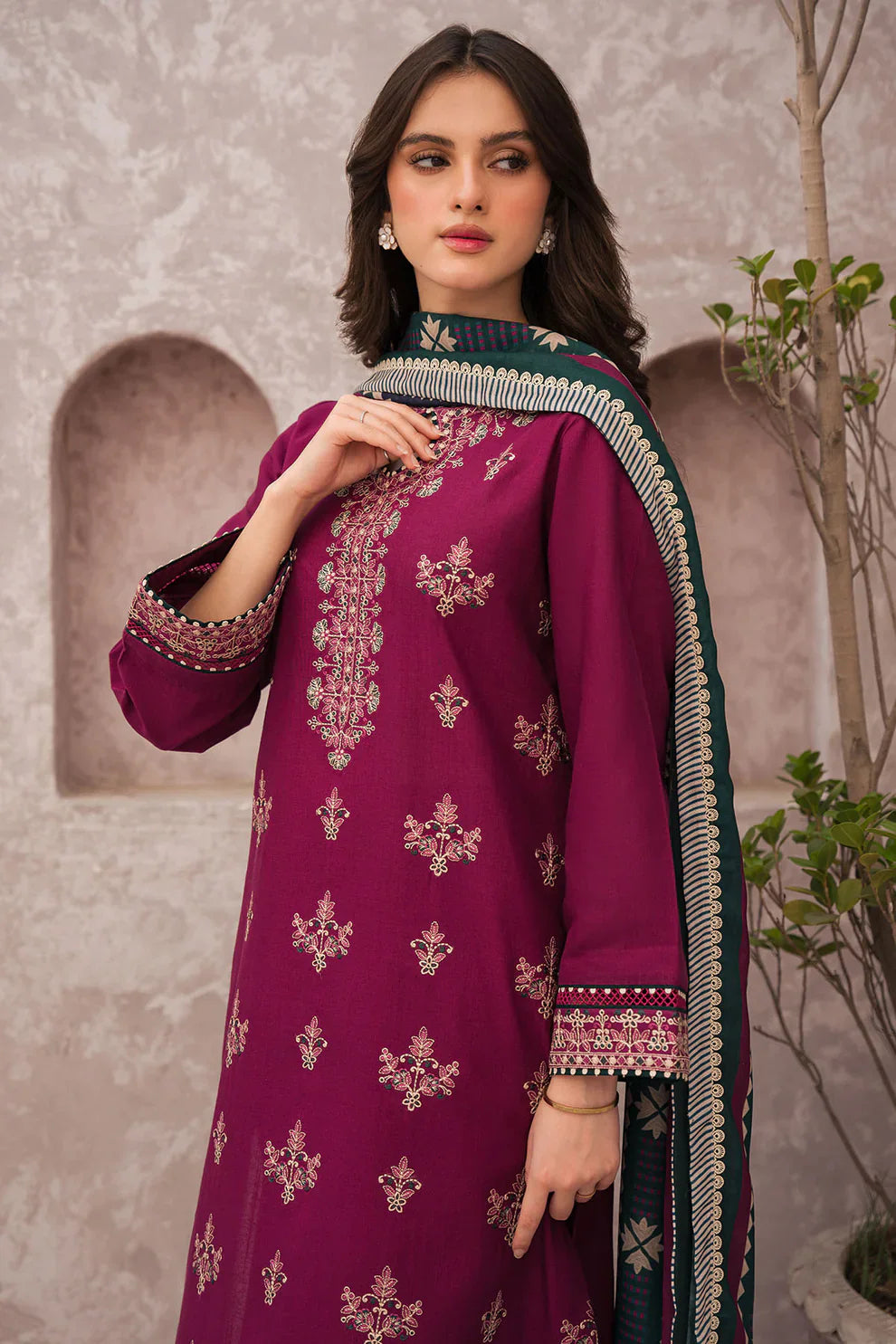 JAZMIN 3PC DHANAK EMBROIDERED WITH COUTURE WOOL PRINT SHAWL-TANA-1569