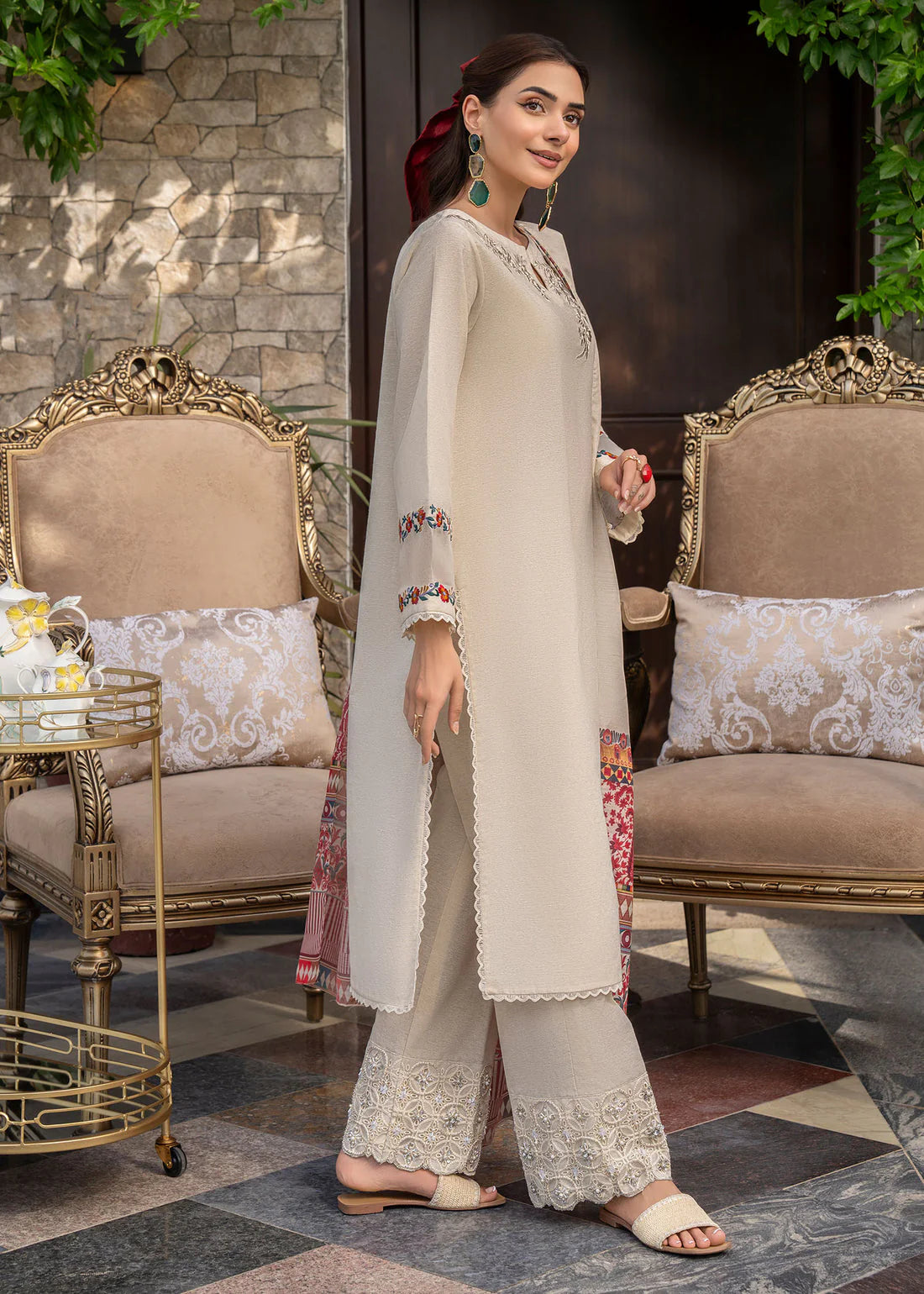 GHAZAL- 3PC DHANAK EMBROIDERED SHIRT WITH WOOL PRINT SHAWL AND TROUSER-TANA-1567