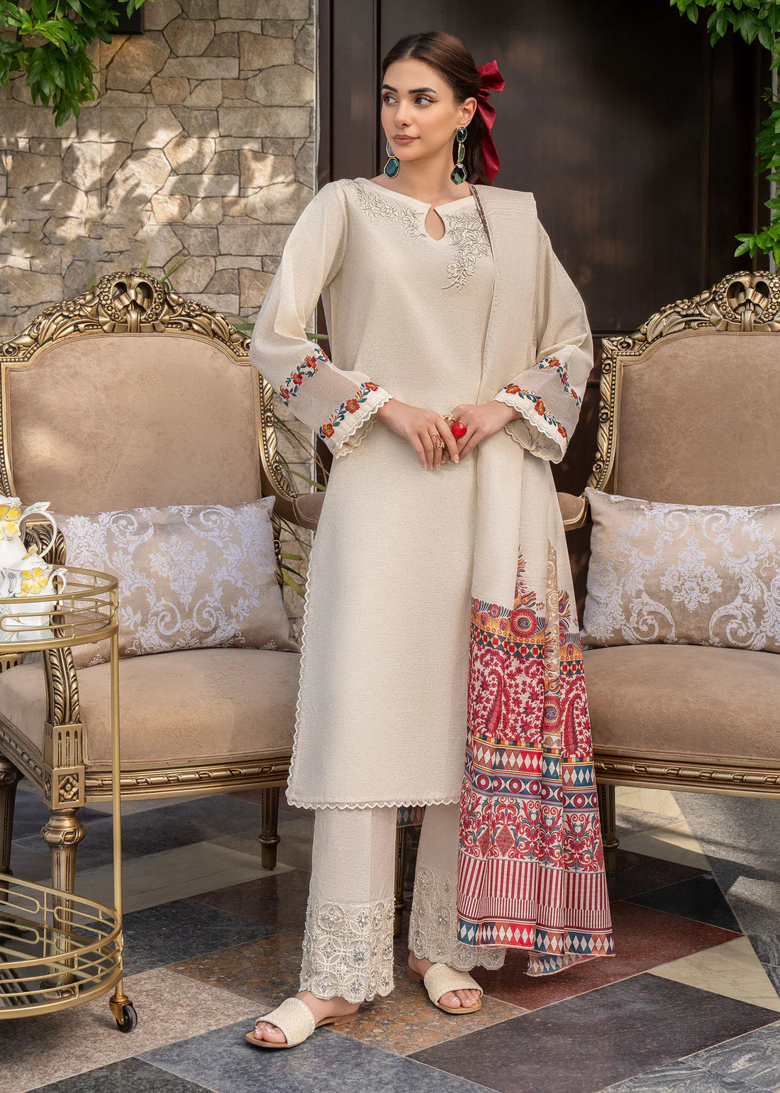 GHAZAL- 3PC DHANAK EMBROIDERED SHIRT WITH WOOL PRINT SHAWL AND TROUSER-TANA-1567