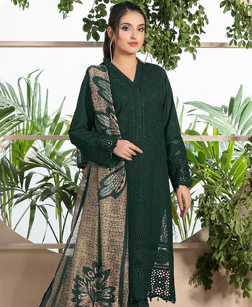 ZAINAB CHOTANI - 3PC CHIKENKARI LAWN EMBROIDERED WITH COTTON SILK PRINT DUPATTA -TANA-5207