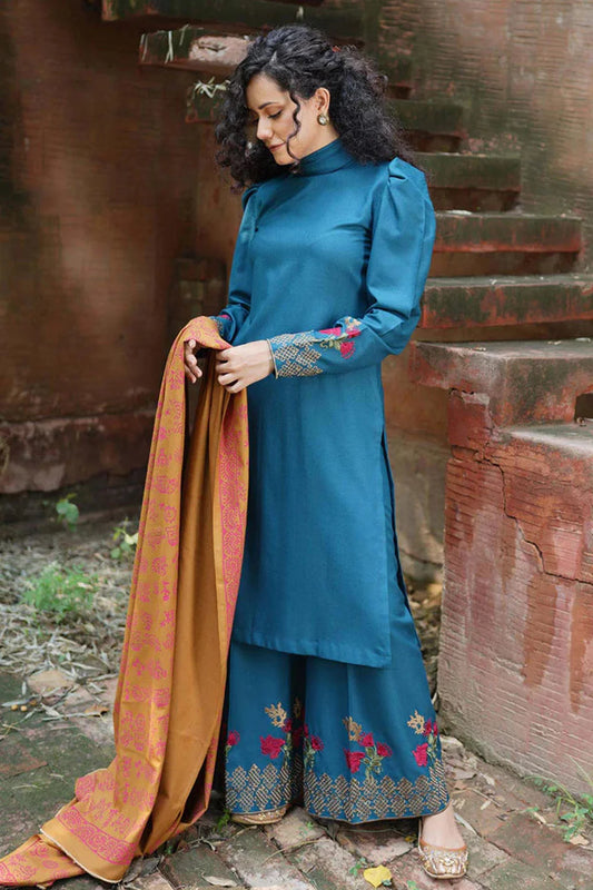 MARIA B - 3PC DHANAK EMBROIDERED SHIRT WITH WOOL PRINTED SHAWL AND TROUSER-TANA-1617