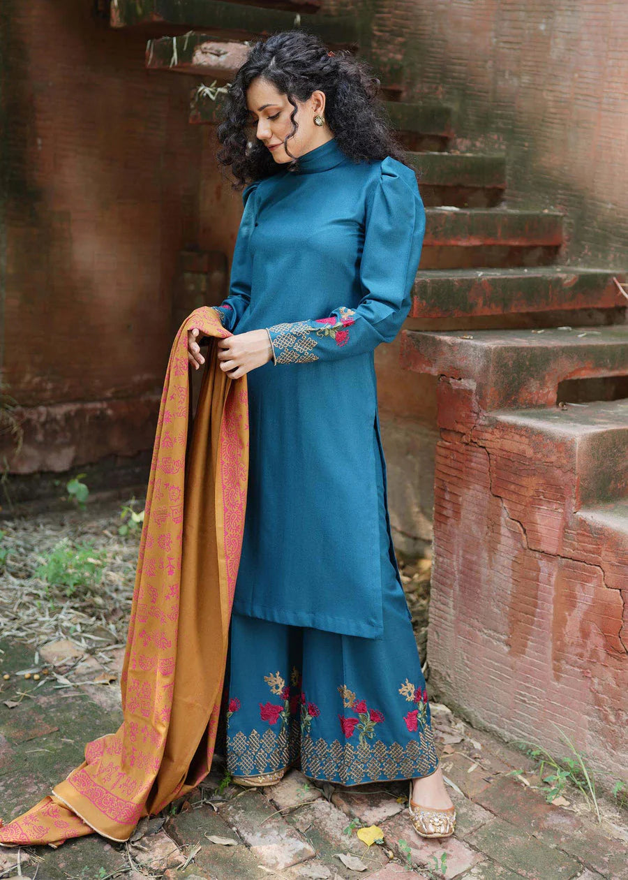 MARIA B - 3PC DHANAK EMBROIDERED SHIRT WITH WOOL PRINTED SHAWL AND TROUSER-TANA-1617