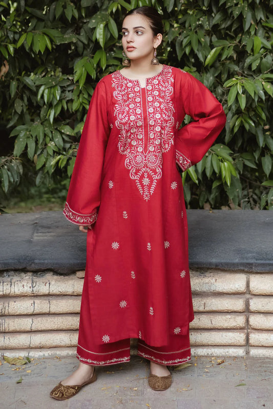 URGE-2PC DHANAK EMBROIDRED SHIRT WITH AND EMBROIDRED TROUSER-TANA-1748