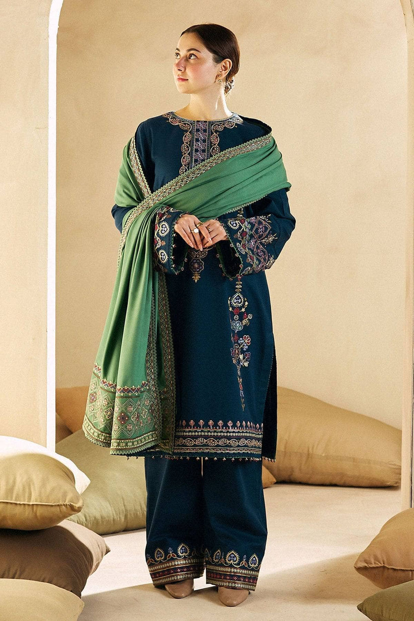 ZARA SHAH JAHAN- 3PC DHANAK EMBROIDERED SHIRT DHANAK EMBROIDERED SHAWL AND TROUSER-TANA-3130