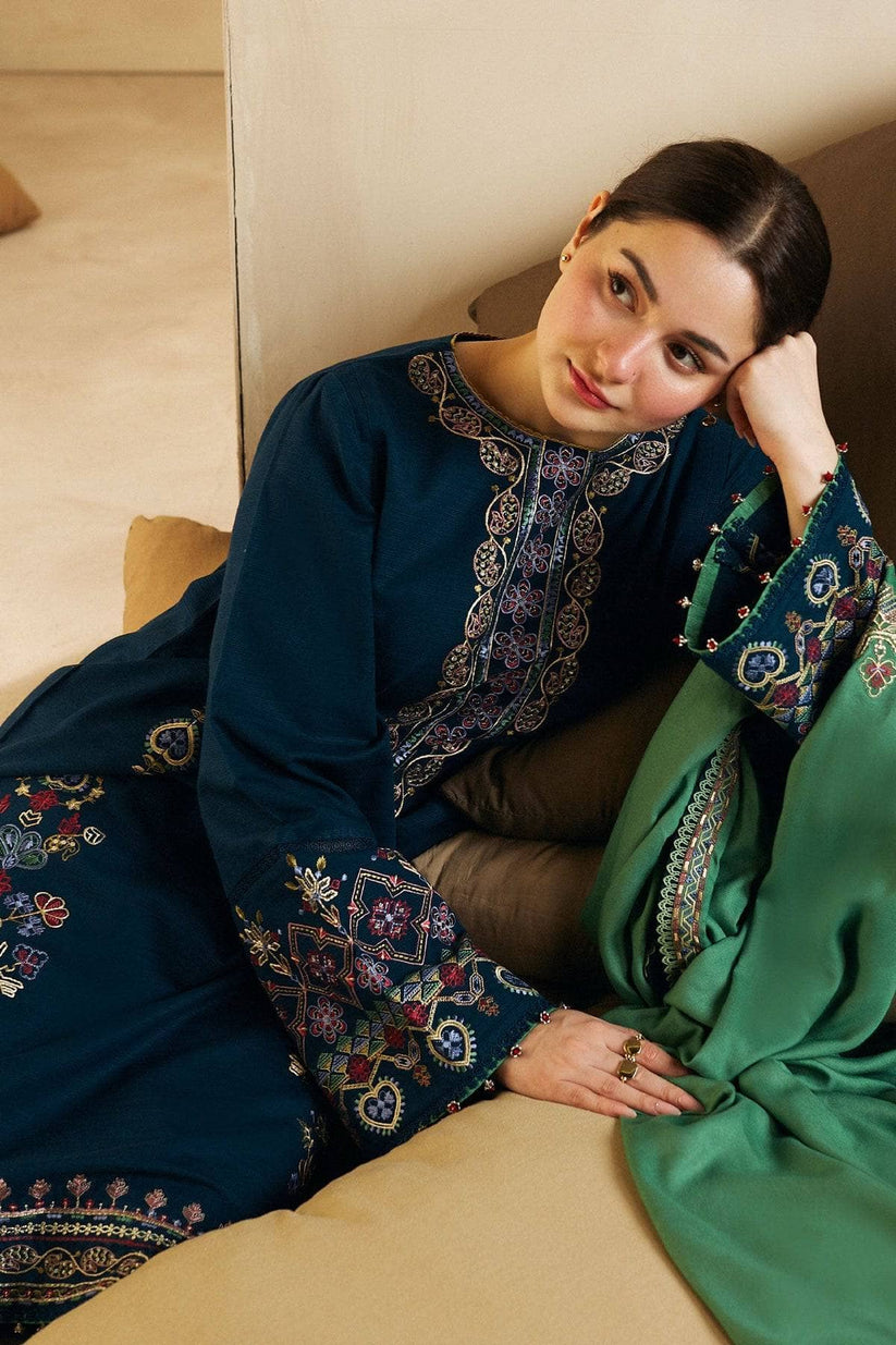 ZARA SHAH JAHAN- 3PC DHANAK EMBROIDERED SHIRT DHANAK EMBROIDERED SHAWL AND TROUSER-TANA-3130