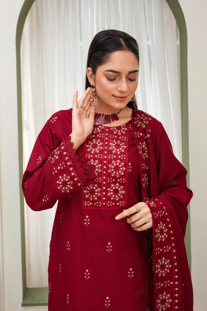 TANA BANA-3PC DHANAK EMBROIDERED SHIRT WITH HEAVY CUTWORK EMBROIDERED DHANAK SHAWL AND TROUSER-TBF-1711