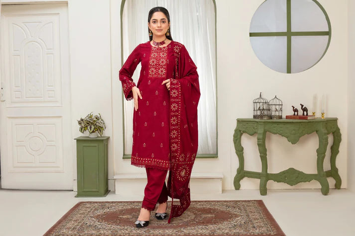 TANA BANA-3PC DHANAK EMBROIDERED SHIRT WITH HEAVY CUTWORK EMBROIDERED DHANAK SHAWL AND TROUSER-TBF-1711