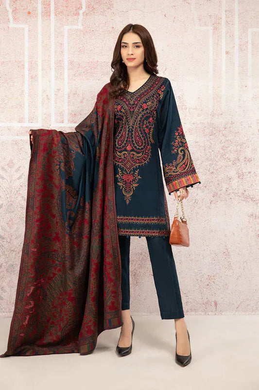 MARIA B-3PC DHANAK EMBROIDRED SHIRT WITH WOOL PRINT SHAWL AND TROUSER-1684