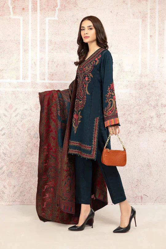 MARIA B-3PC DHANAK EMBROIDRED SHIRT WITH WOOL PRINT SHAWL AND TROUSER-1684