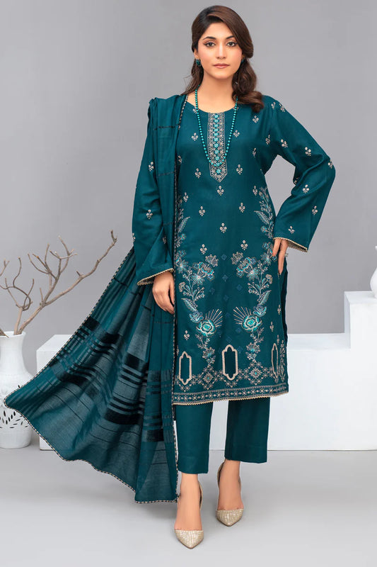 TANA BANA-3PC Dhanak Embroidered Shirt with Velvet Dhanak Shawl and Trouser- TBF- 009