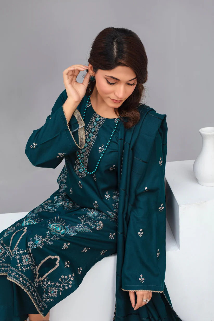 TANA BANA-3PC Dhanak Embroidered Shirt with Velvet Dhanak Shawl and Trouser- TBF- 009