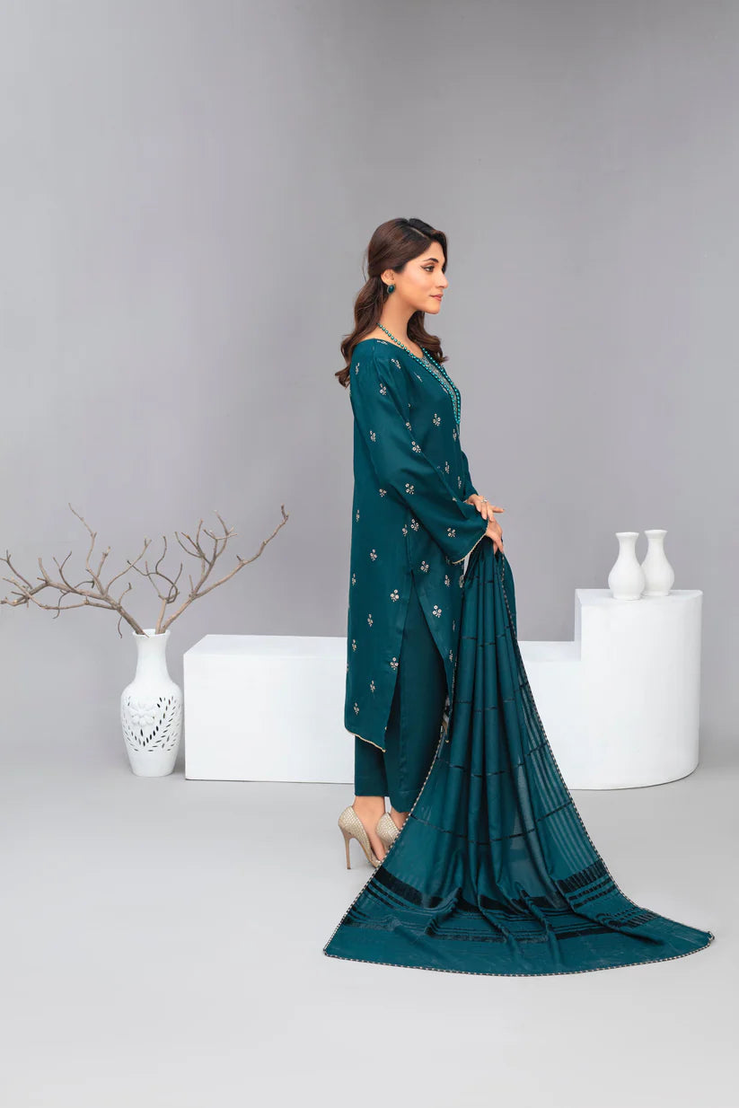 TANA BANA-3PC Dhanak Embroidered Shirt with Velvet Dhanak Shawl and Trouser- TBF- 009