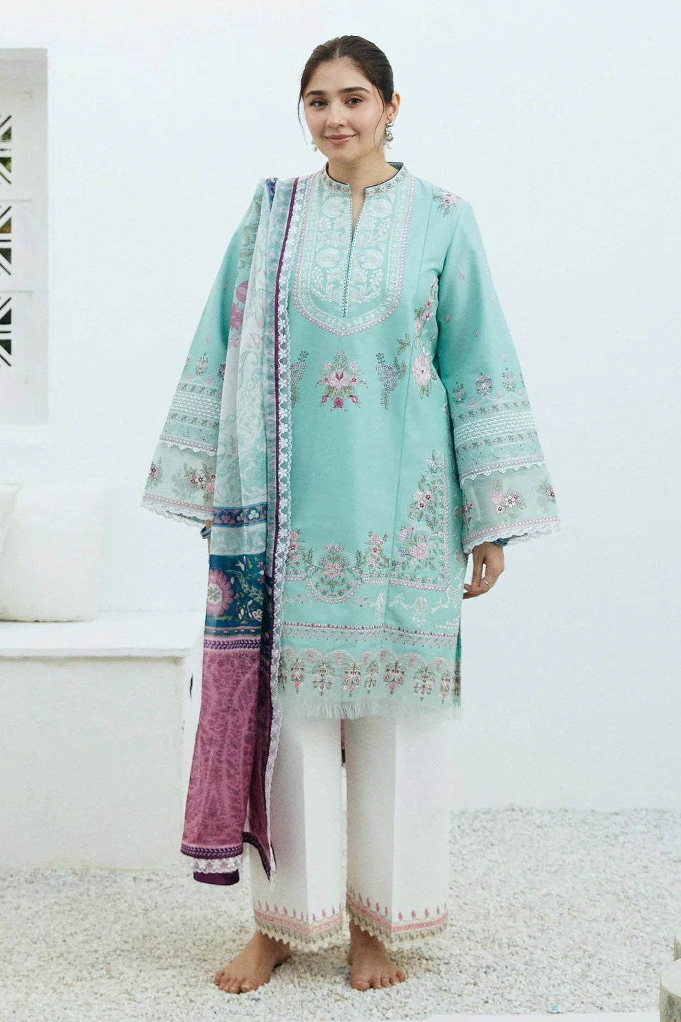 ZAHRA SHAHJAHAN- 3PC LAWN EMBROIDERED SHIRT WITH DIAMOND PRINT DUPATTA-TANA-5250