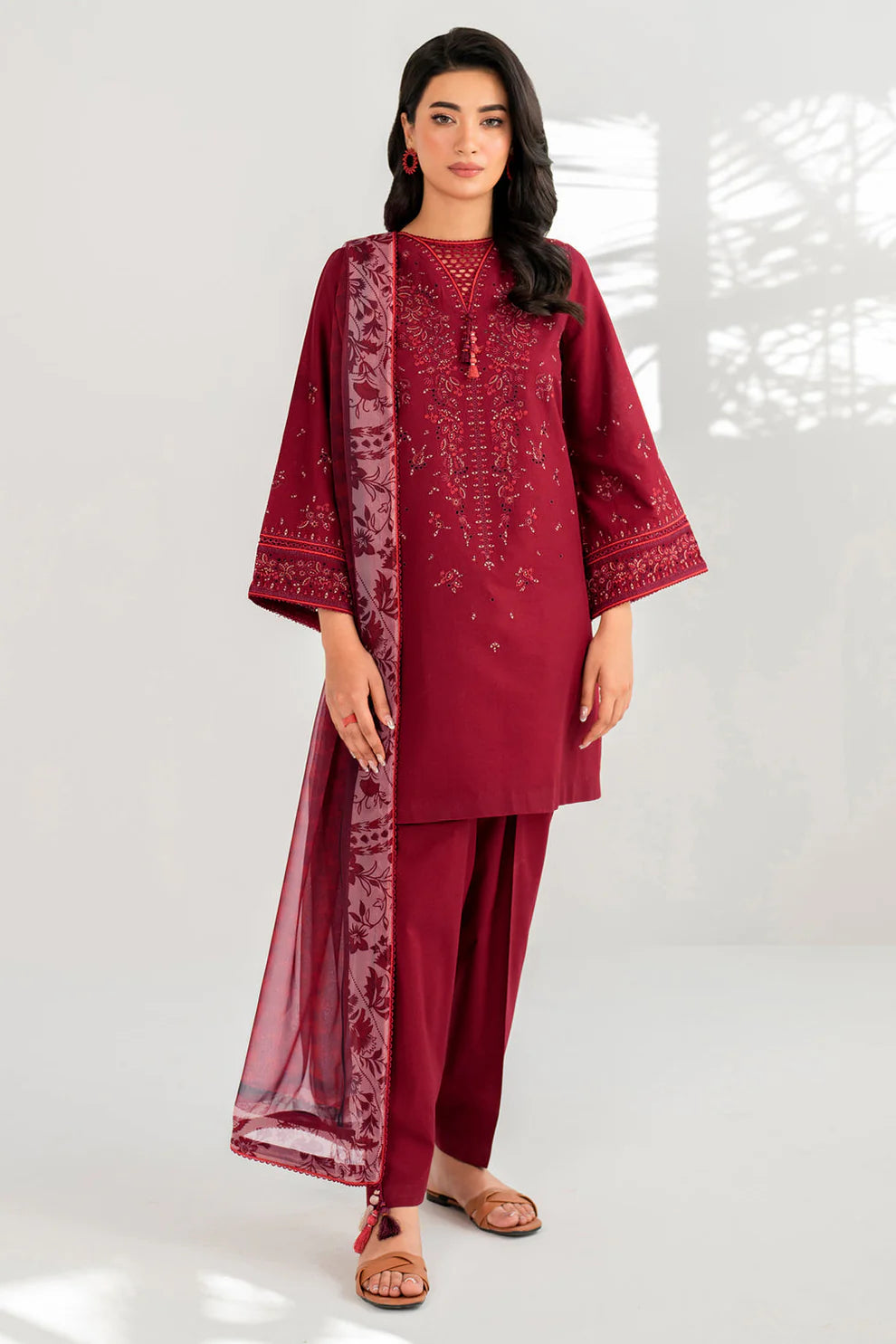 JAZMIN- LAWN 3PC EMBROIDERED SHIRT WITH DIAMOND PRINT DUPATTA WITH TROUSER-TANA-5289