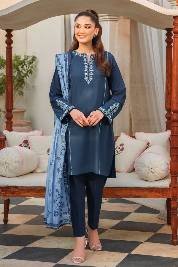 ZIVA-3PC DHANAK EMBROIDERED WITH COUTURE PTINT PRINT-TANA-1529