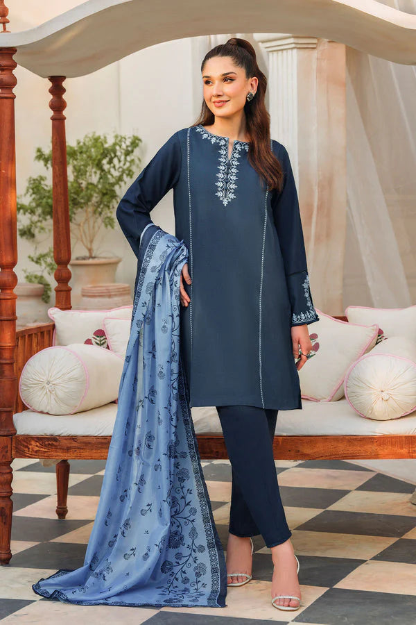 ZIVA-3PC DHANAK EMBROIDERED WITH COUTURE PTINT PRINT-TANA-1529